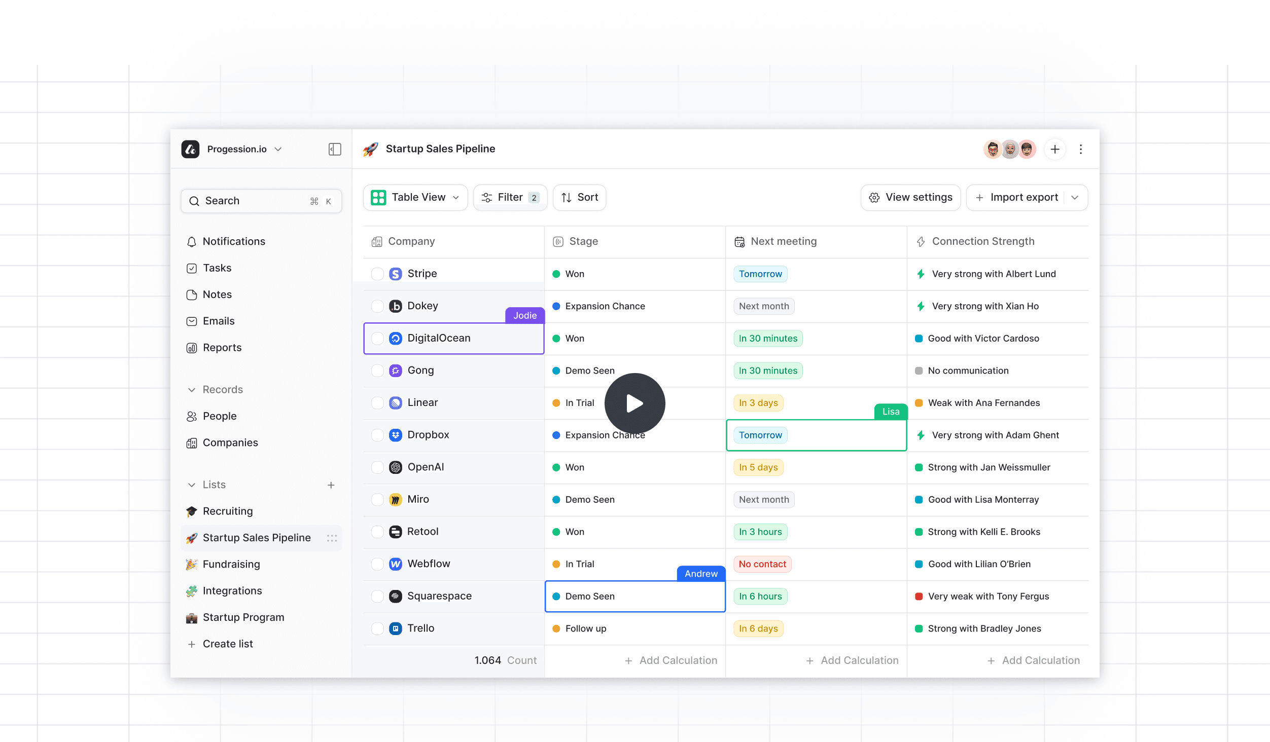 Voxton CRM interface showing a startup sales pipeline